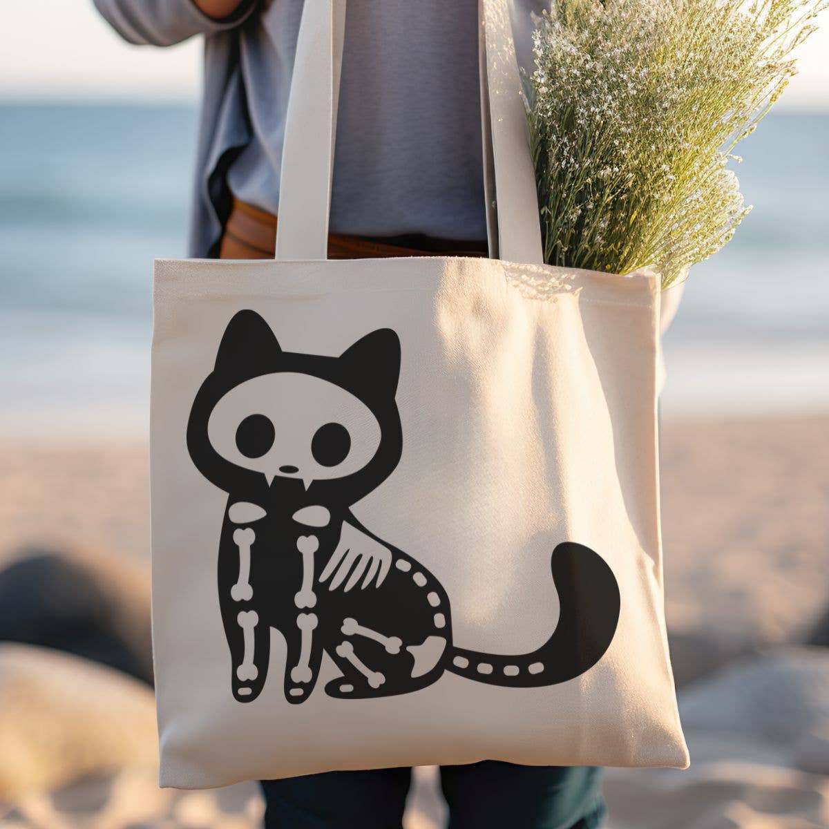 Cute Skeleton Cat Canvas Tote Bag