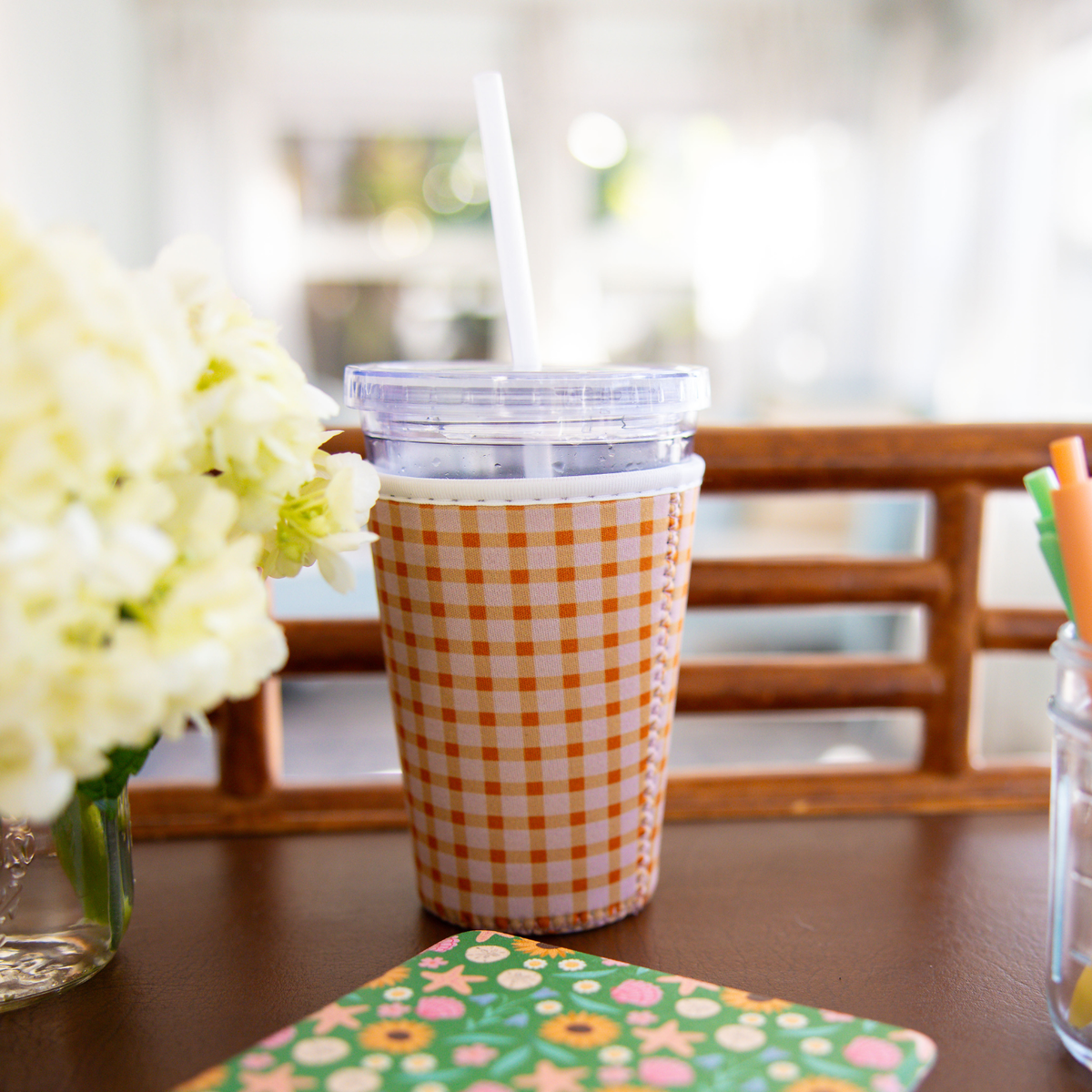 Orange Gingham| Reusable Coffee Sleeve: Medium (20-24oz)
