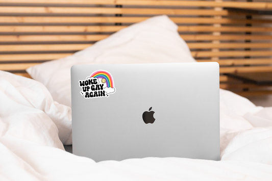 Woke Up Gay Again Sticker - rainbow, smile, LBGTQ, queer