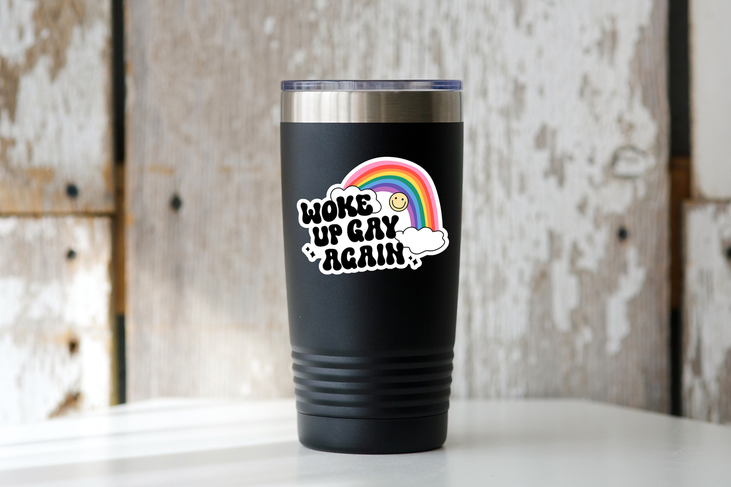 Woke Up Gay Again Sticker - rainbow, smile, LBGTQ, queer