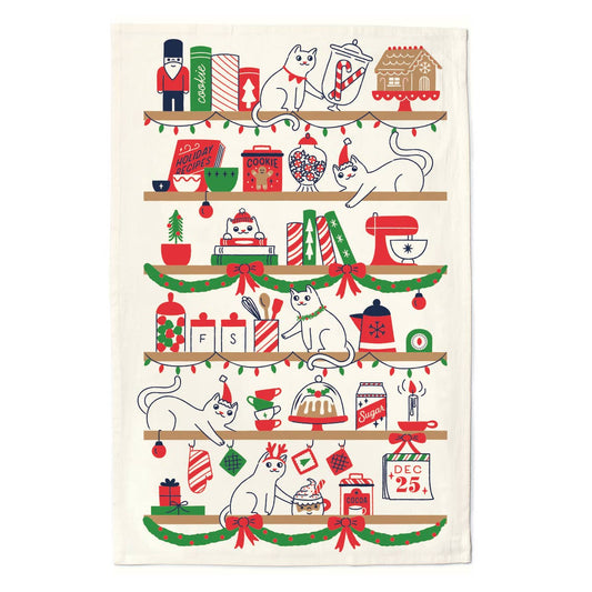 Christmas Shelf Cats Tea Towel